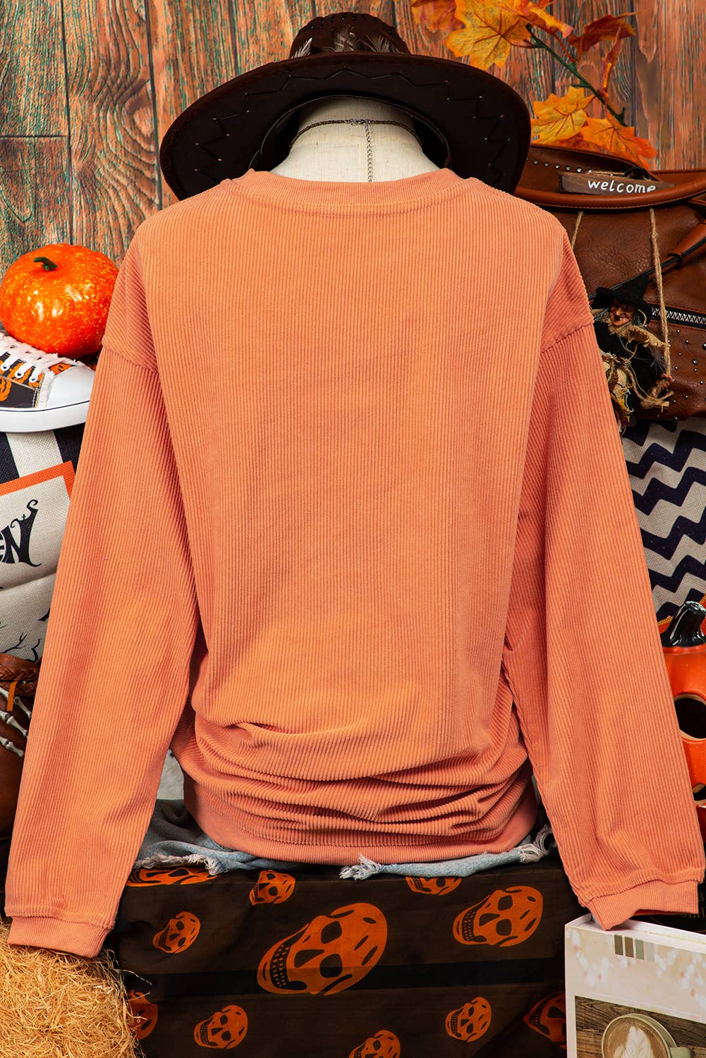 Pumpkin Ribbed Round Neck Sweatshirt