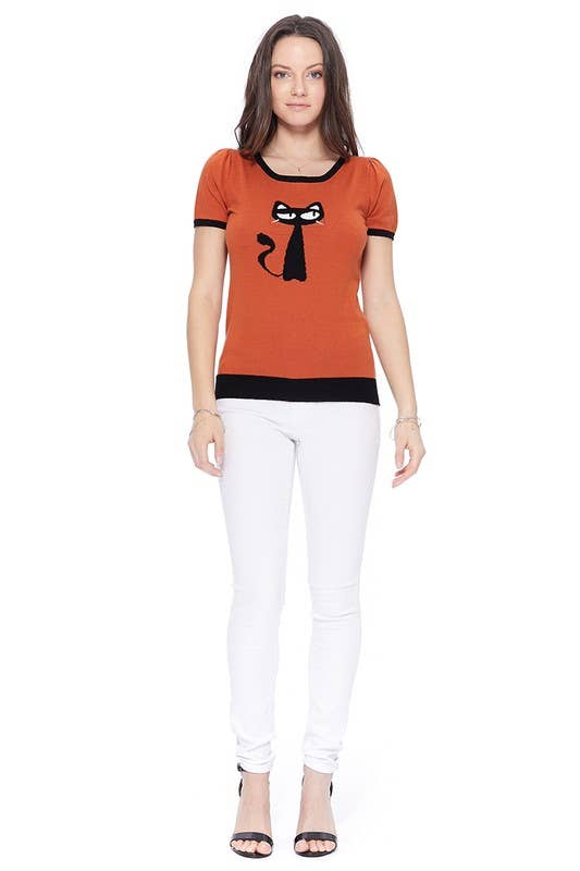 Short Sleeve Crewneck Cat Print Sweater