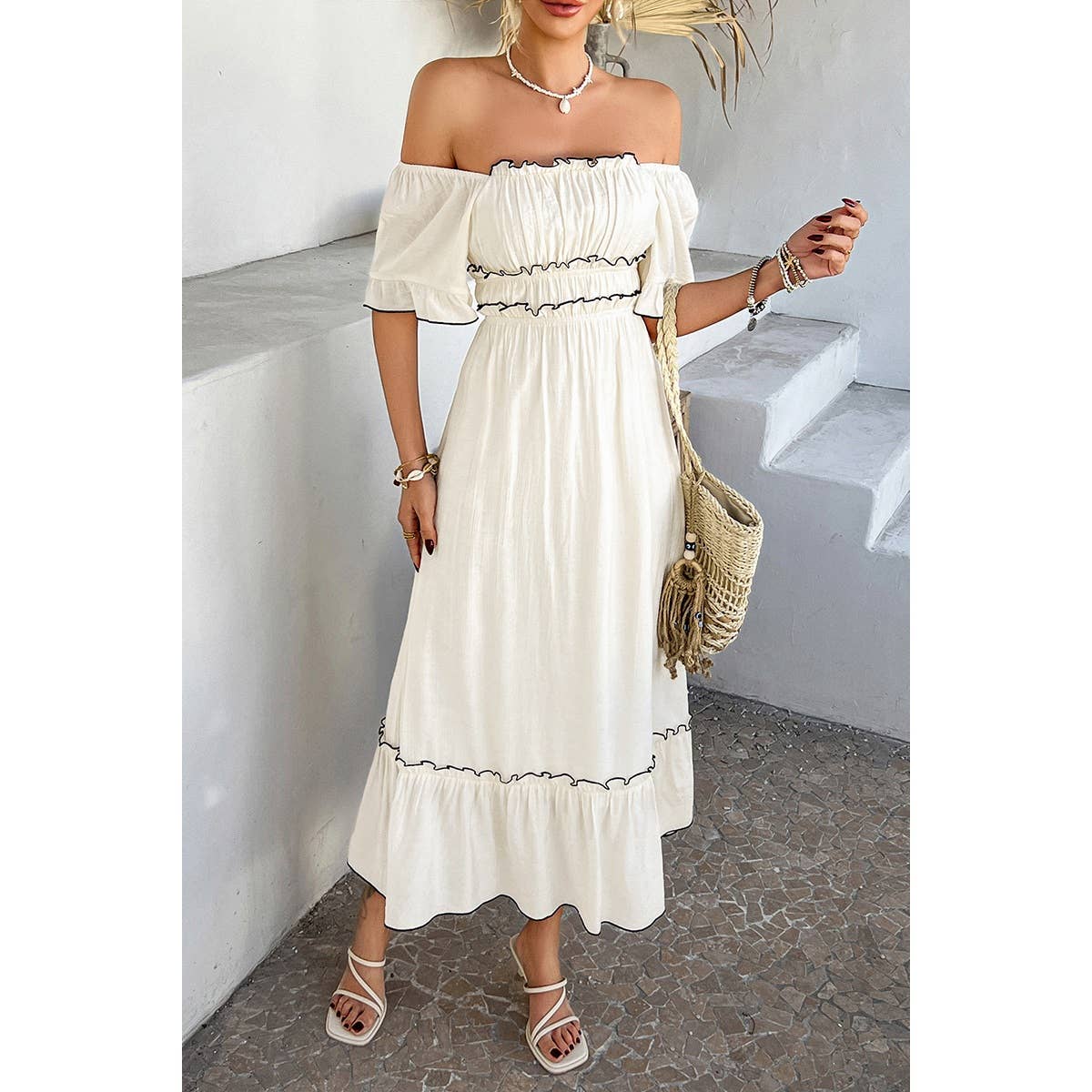 Off Shoulder Bodycon Backless Ruffle Trim Dress