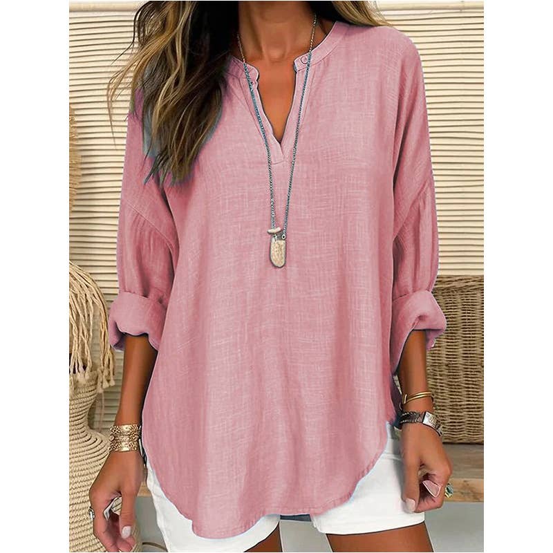 Linen Long Sleeve Casual V Neck Blouse
