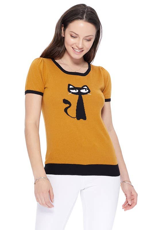 Short Sleeve Crewneck Cat Print Sweater