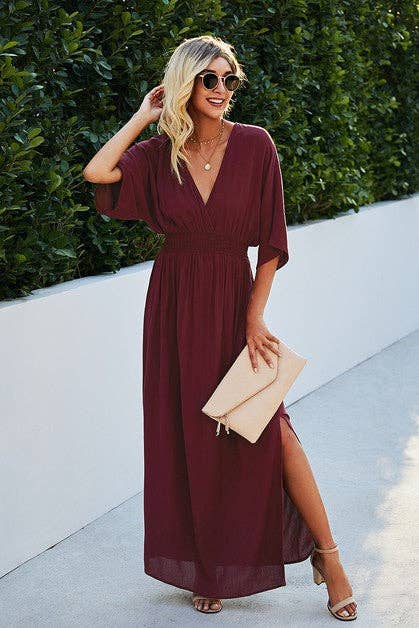 Solid V Neck Dolman Sleeves Maxi Split Dress