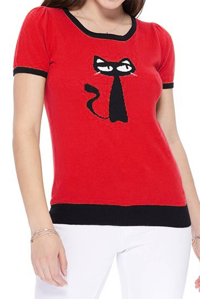 Short Sleeve Crewneck Cat Print Sweater