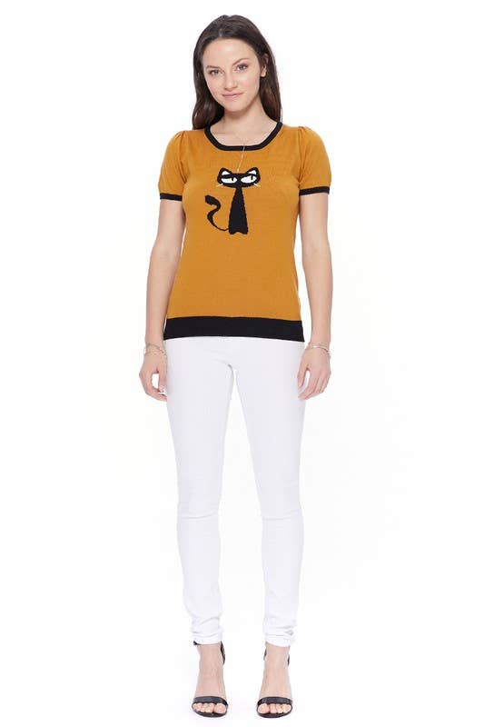 Short Sleeve Crewneck Cat Print Sweater