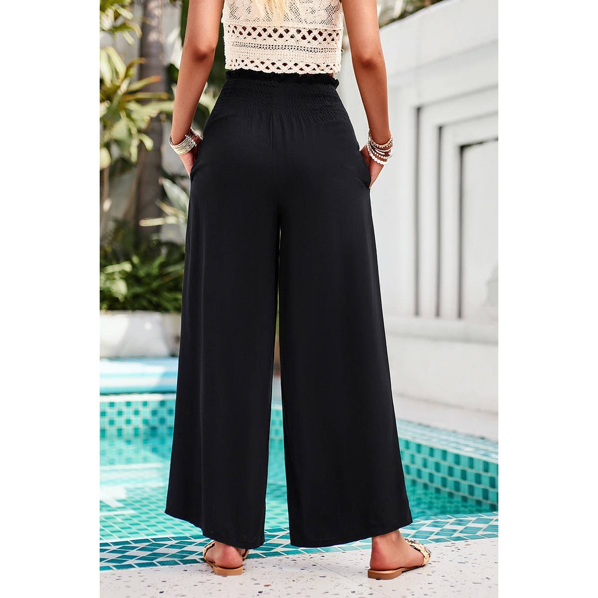 Pockets Elastic Waist Band Smocked Wide Leg Pant