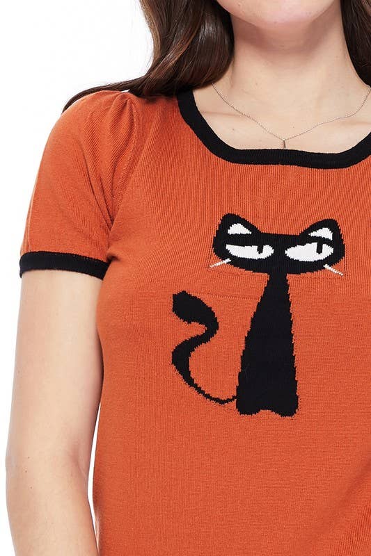 Short Sleeve Crewneck Cat Print Sweater