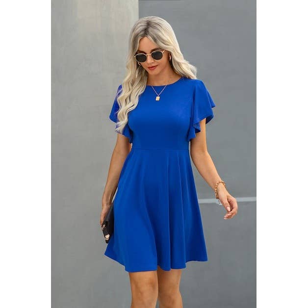Elegant Solid Crew Neck Butterfly Sleeve A Line Slim Dress