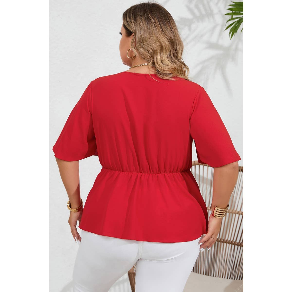 Plus Solid Butterfly Sleeve Knot Front Peplum Shirt
