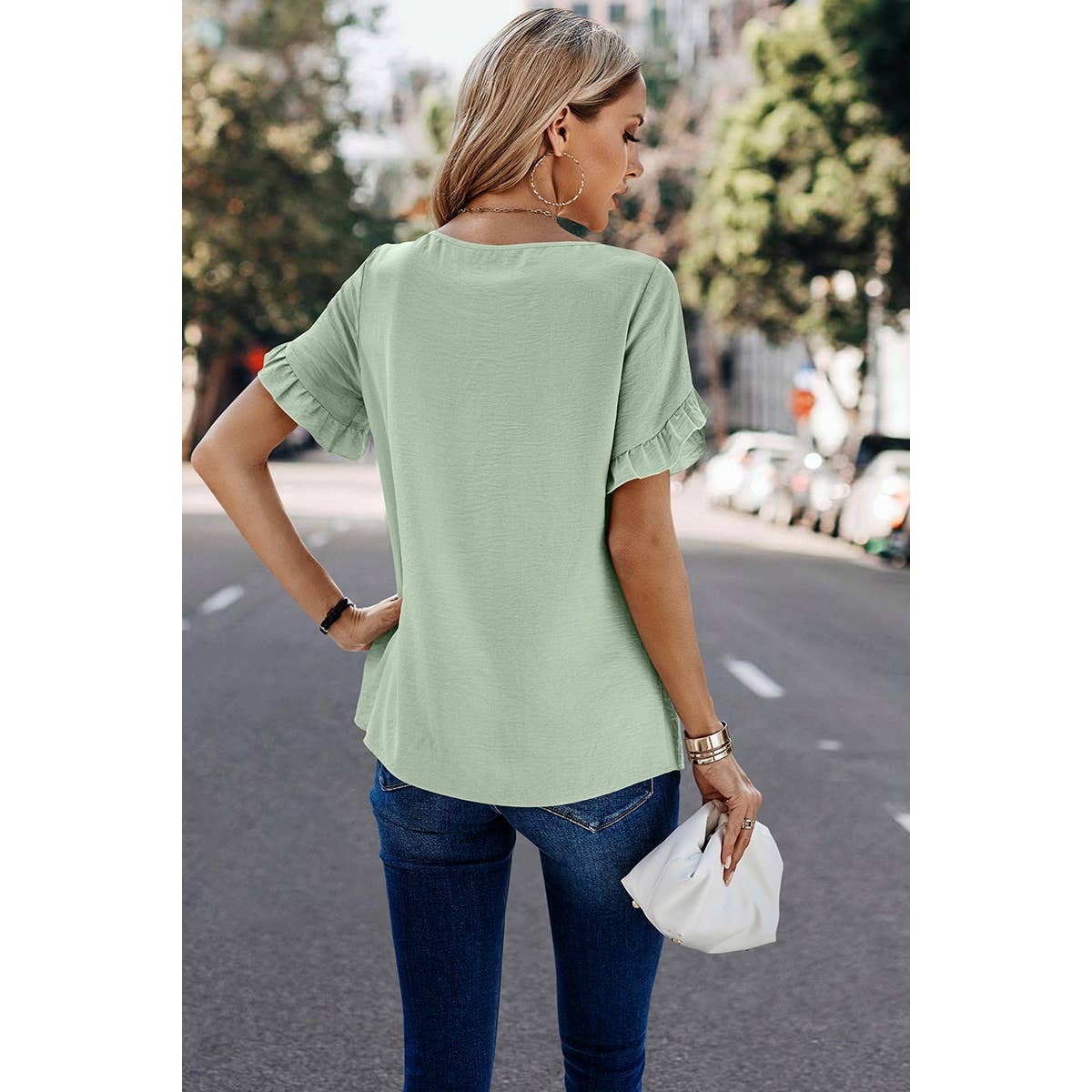 Solid Round Neck Ruffle Sleeve Loose Fit Blouse
