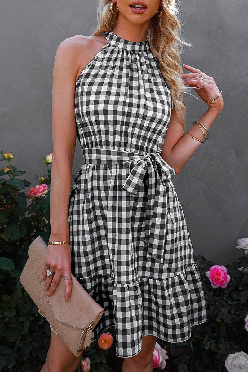 Plaid Key Hole Back Halter Sleeveless Dress