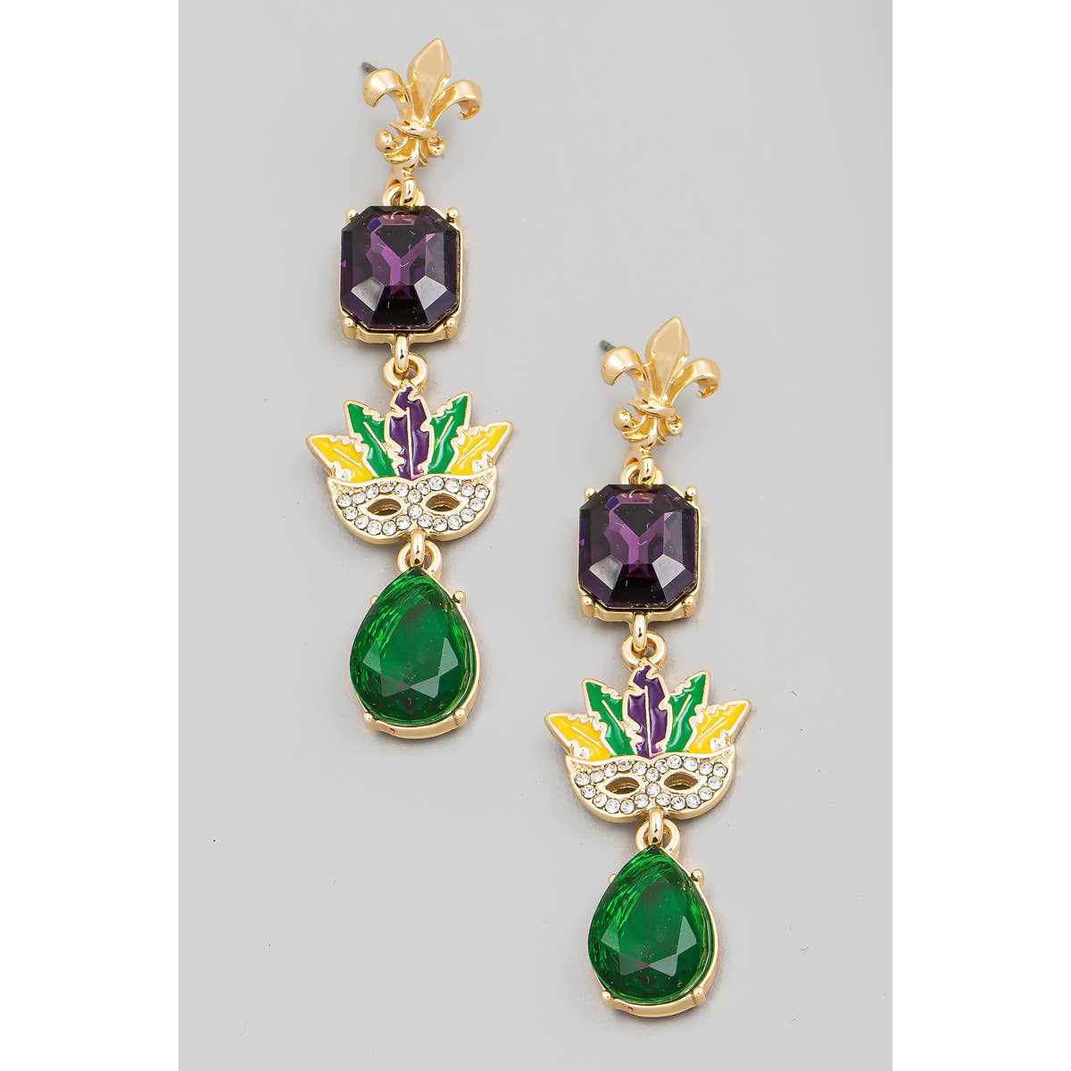 Mardi Gras Theme Chain Dangle Earrings