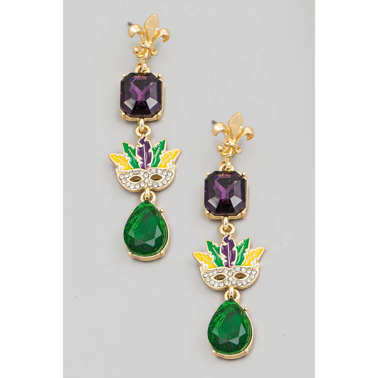 Mardi Gras Theme Chain Dangle Earrings