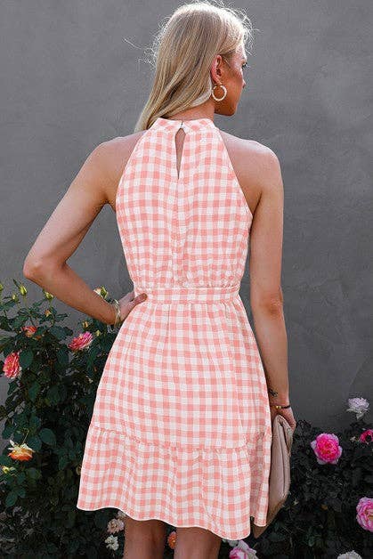 Plaid Key Hole Back Halter Sleeveless Dress