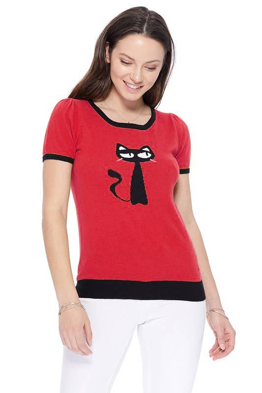 Short Sleeve Crewneck Cat Print Sweater