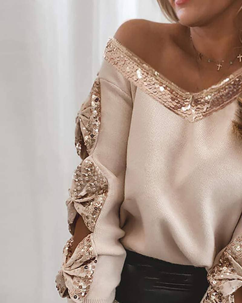 Contrast sequins bowknot design cutout sweater