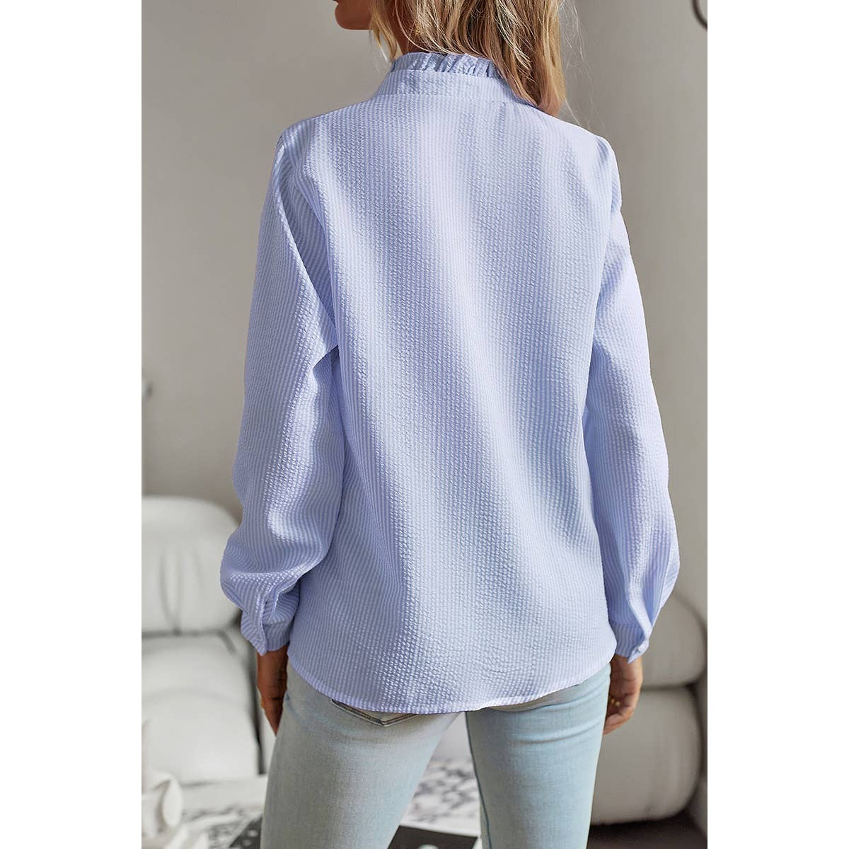 Frenchy Striped Print Ruffle Trim Button Front Shirt