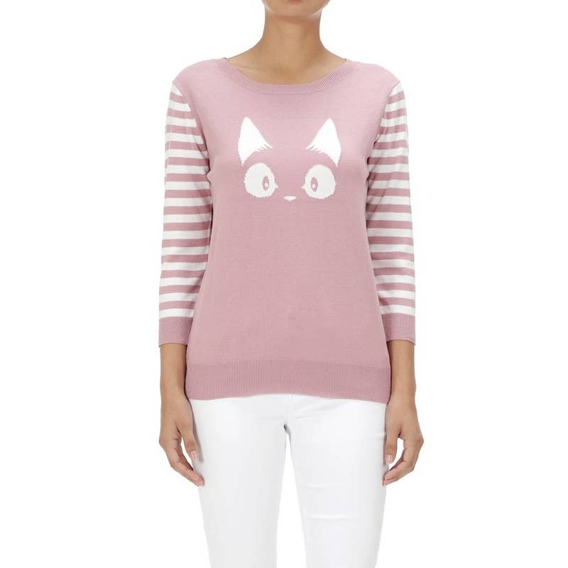 3/4 Sleeve Cat Crewneck Pullover Sweater