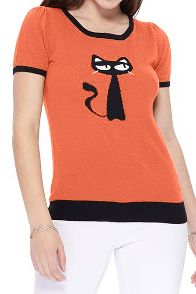 Short Sleeve Crewneck Cat Print Sweater