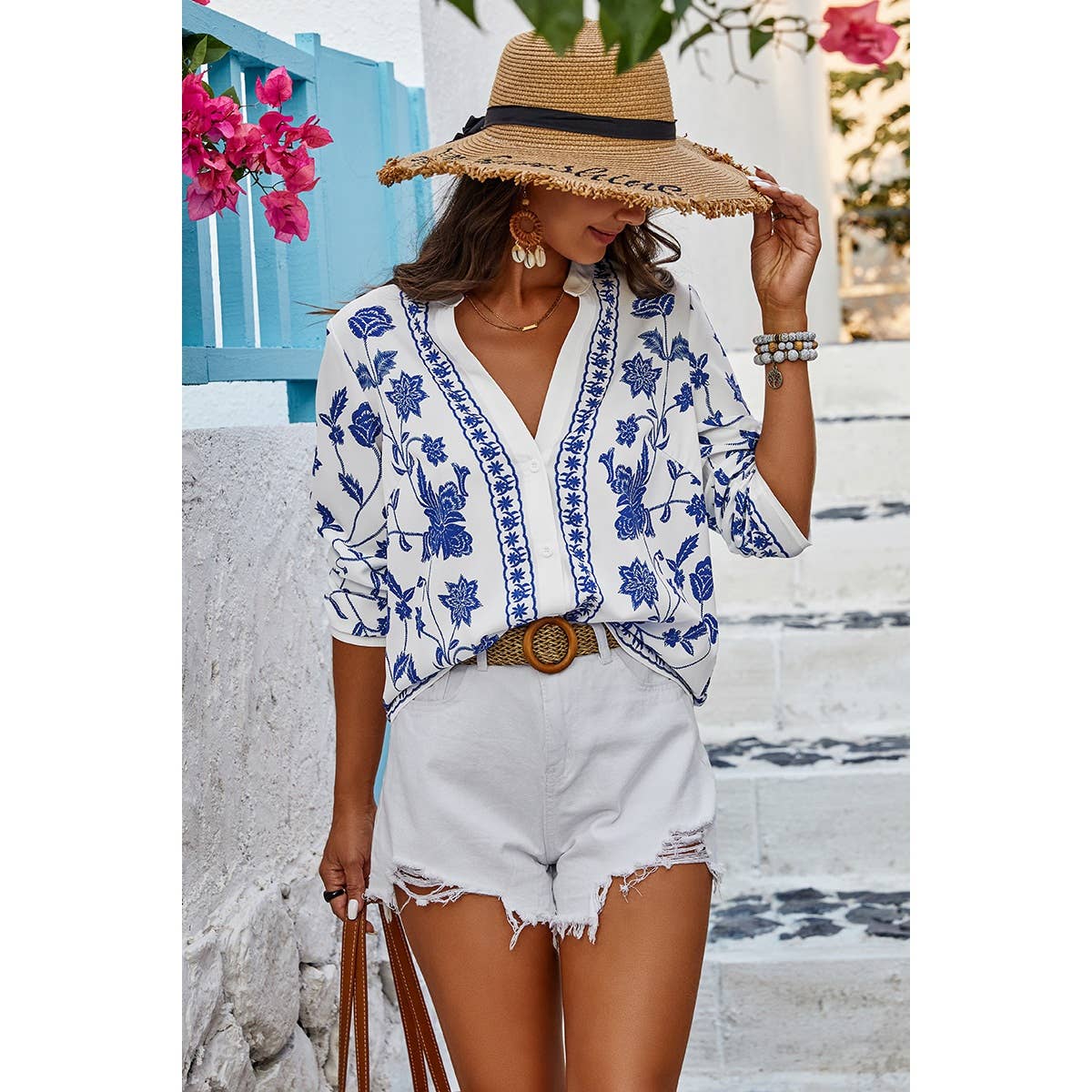 Floral Print Notched Collar V Neck Shirt