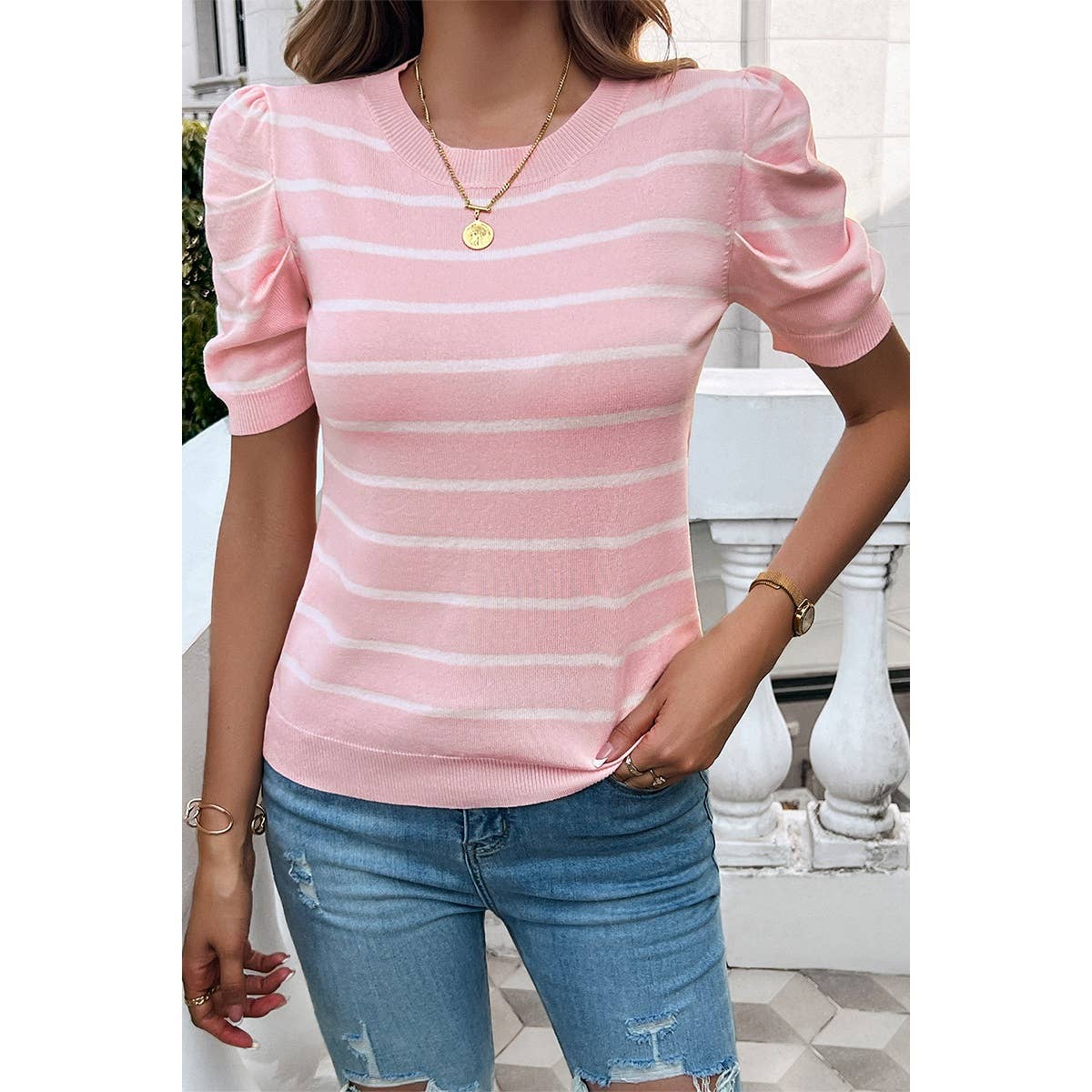 Strip Round Neck Knit Puff Sleeve Fit Top
