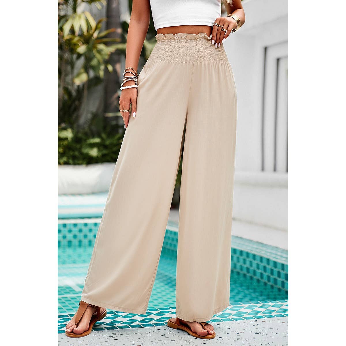 Pockets Elastic Waist Band Smocked Wide Leg Pant
