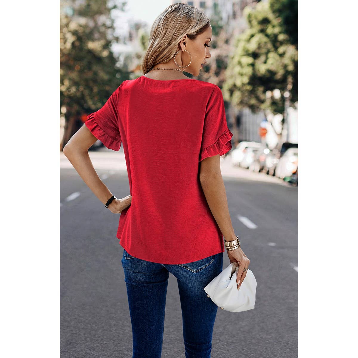 Solid Round Neck Ruffle Sleeve Loose Fit Blouse