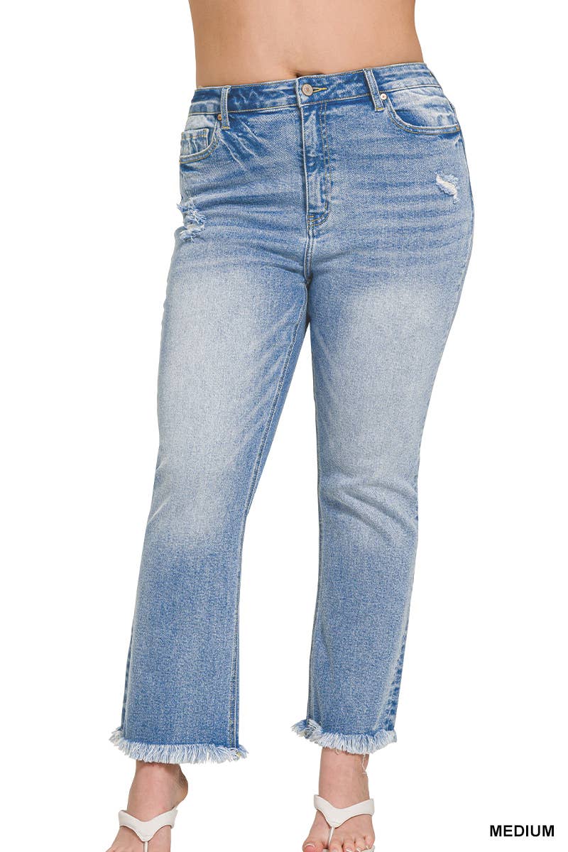 Plus Size High Rise Straight Raw Hem Cropped Jeans