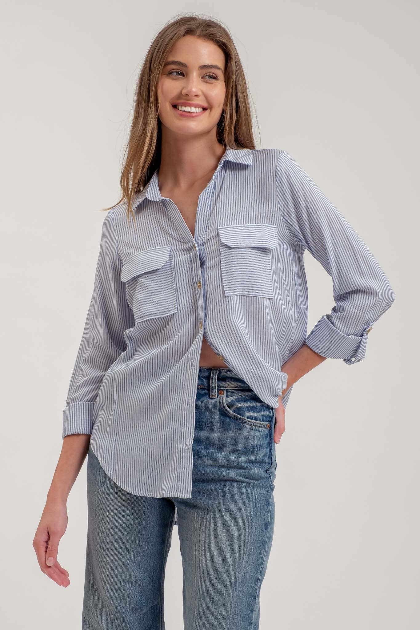 Striped Collared Button Down Blouse