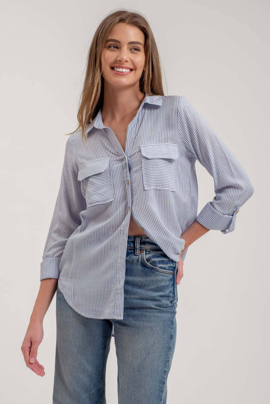 Striped Collared Button Down Blouse