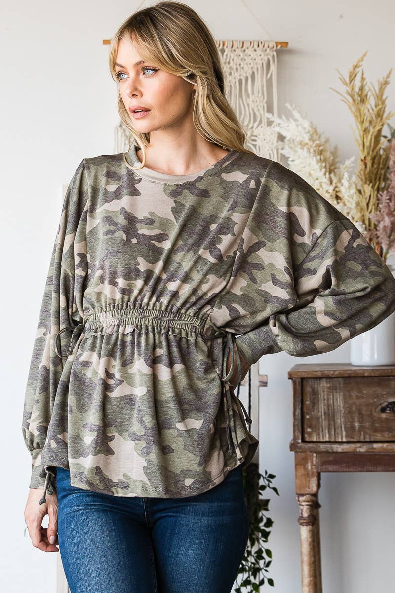 Long Sleeves Ruffle Elastic Waist Side Tie Top