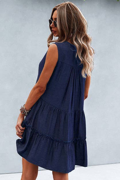 Solid V Neck Flat Collar Tiered Shift Dress
