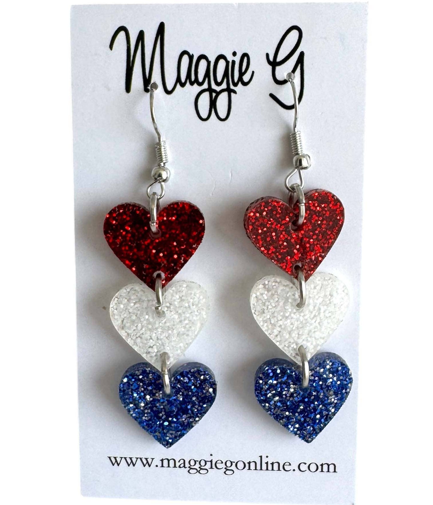 Red White & Blue  4th of July Earrings Heart Drop