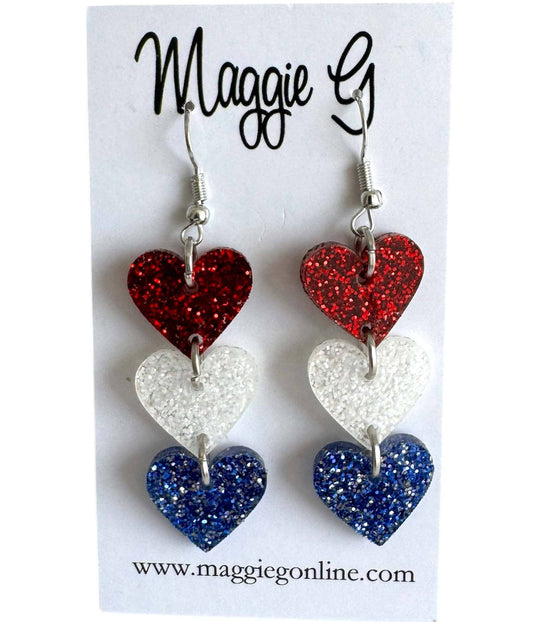 Red White & Blue  4th of July Earrings Heart Drop