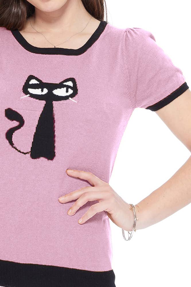 Short Sleeve Crewneck Cat Print Sweater