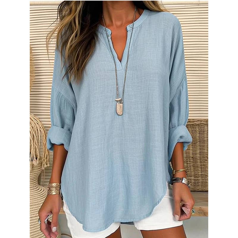 Linen Long Sleeve Casual V Neck Blouse