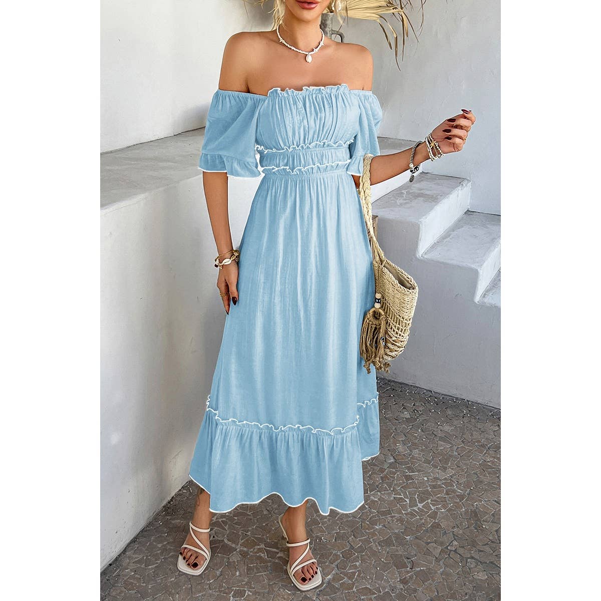 Off Shoulder Bodycon Backless Ruffle Trim Dress