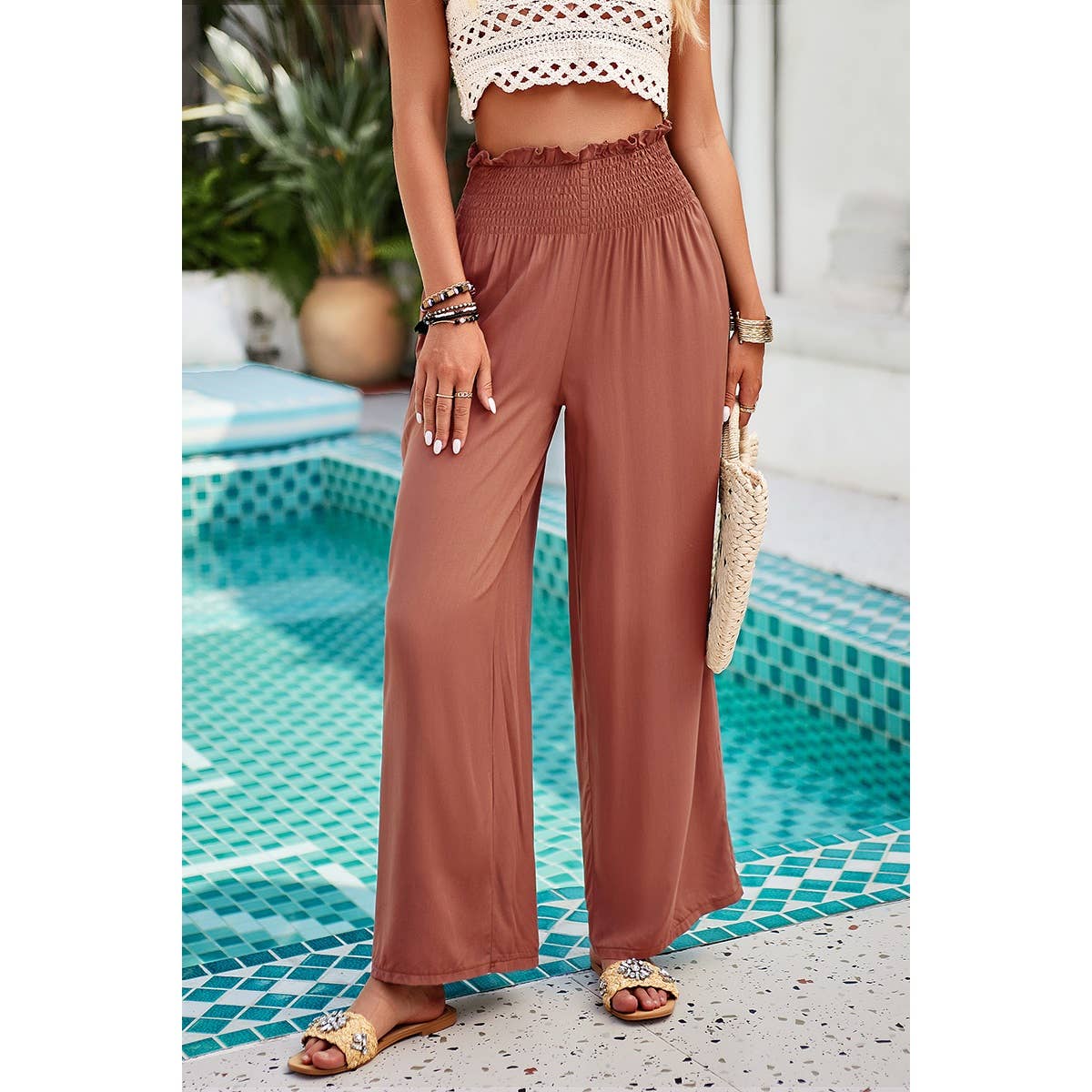 Pockets Elastic Waist Band Smocked Wide Leg Pant