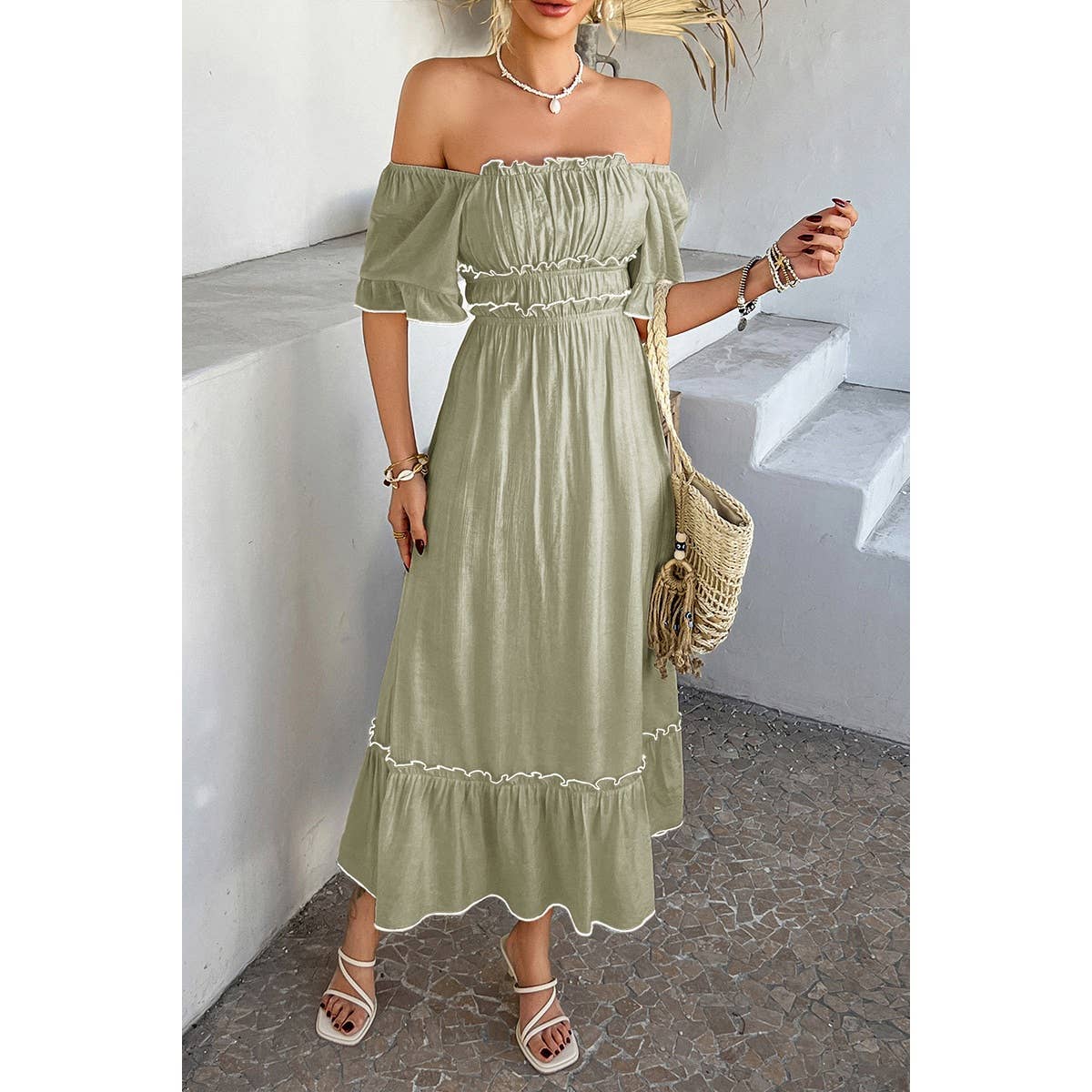 Off Shoulder Bodycon Backless Ruffle Trim Dress