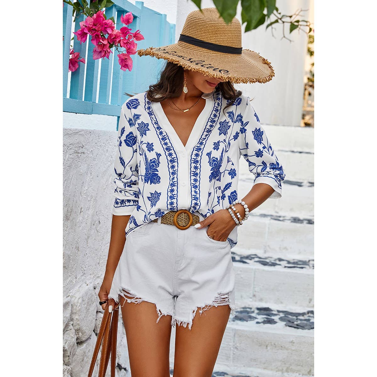 Floral Print Notched Collar V Neck Shirt