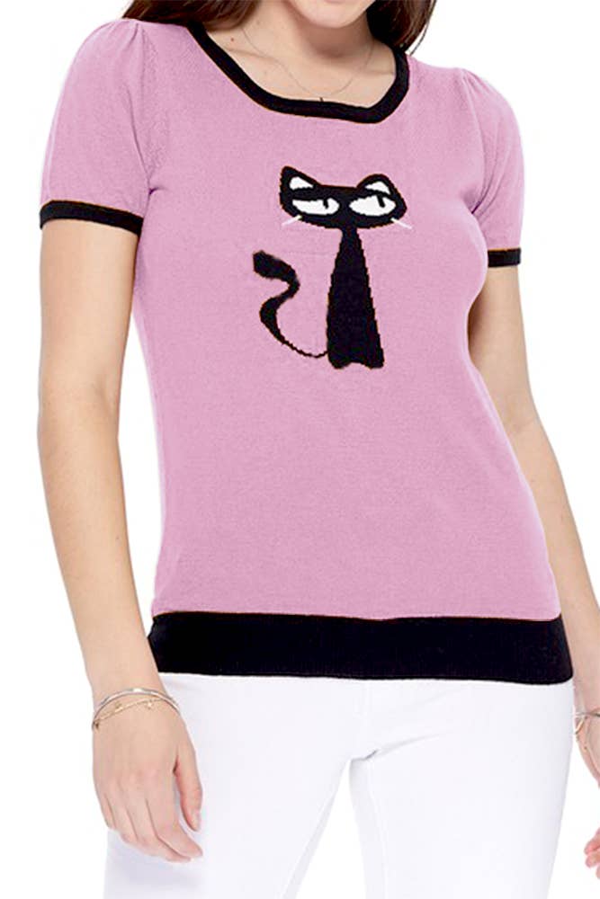 Short Sleeve Crewneck Cat Print Sweater