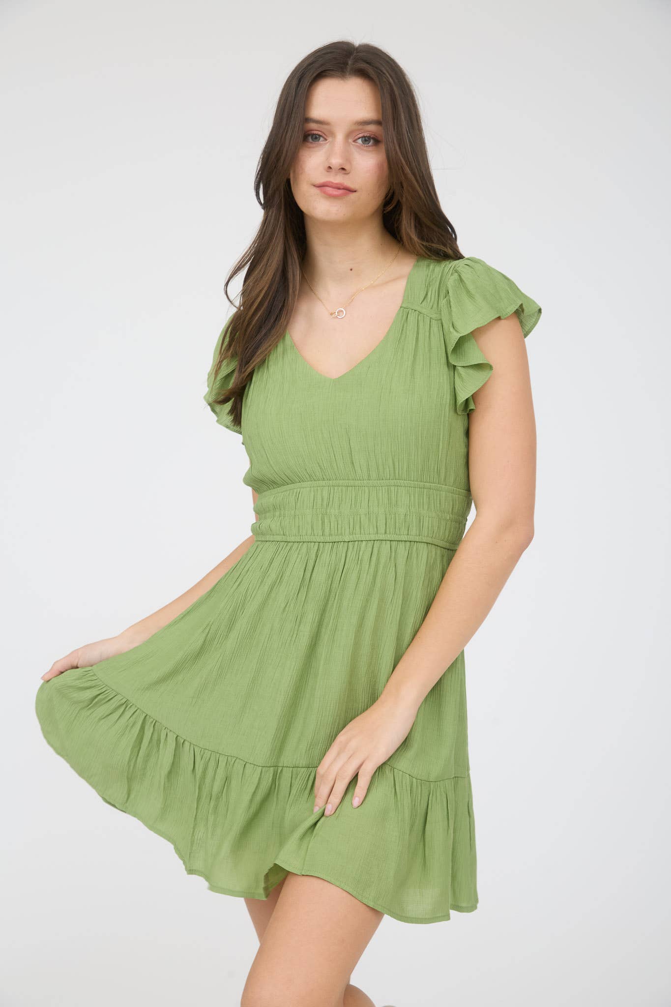 V Neck Short Sleeve Ruffle Mini Dress