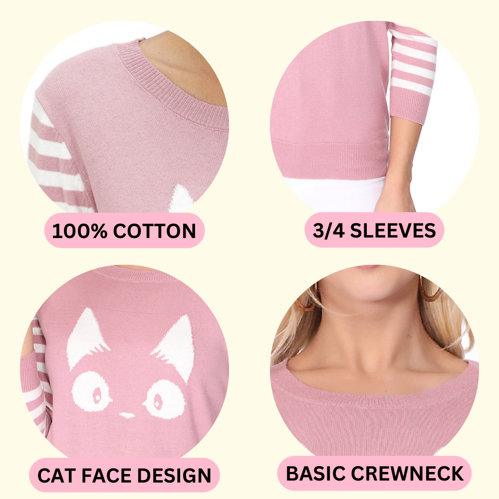 3/4 Sleeve Cat Crewneck Pullover Sweater