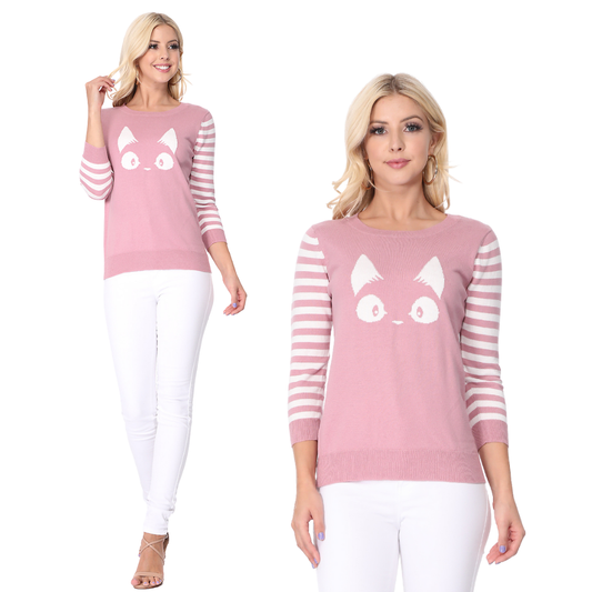 3/4 Sleeve Cat Crewneck Pullover Sweater