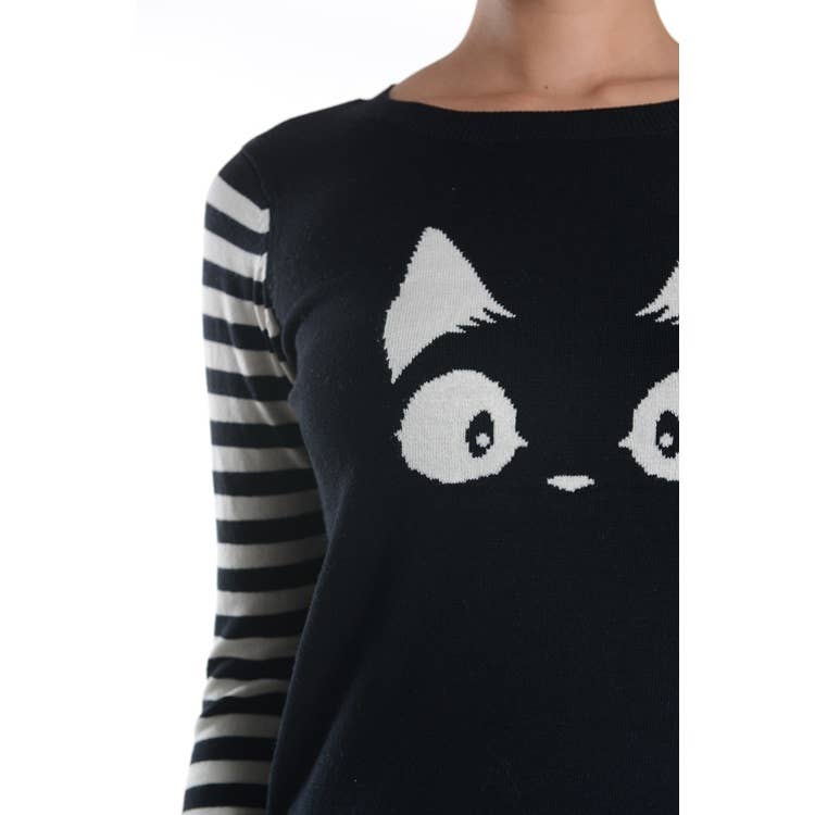 3/4 Sleeve Cat Crewneck Pullover Sweater