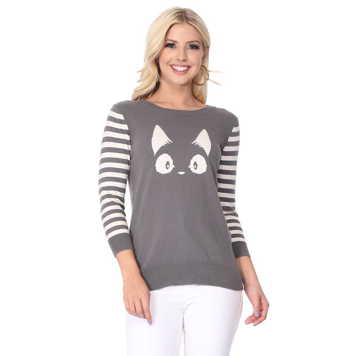 3/4 Sleeve Cat Crewneck Pullover Sweater