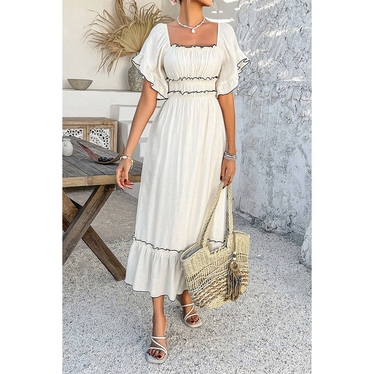 Off Shoulder Bodycon Backless Ruffle Trim Dress